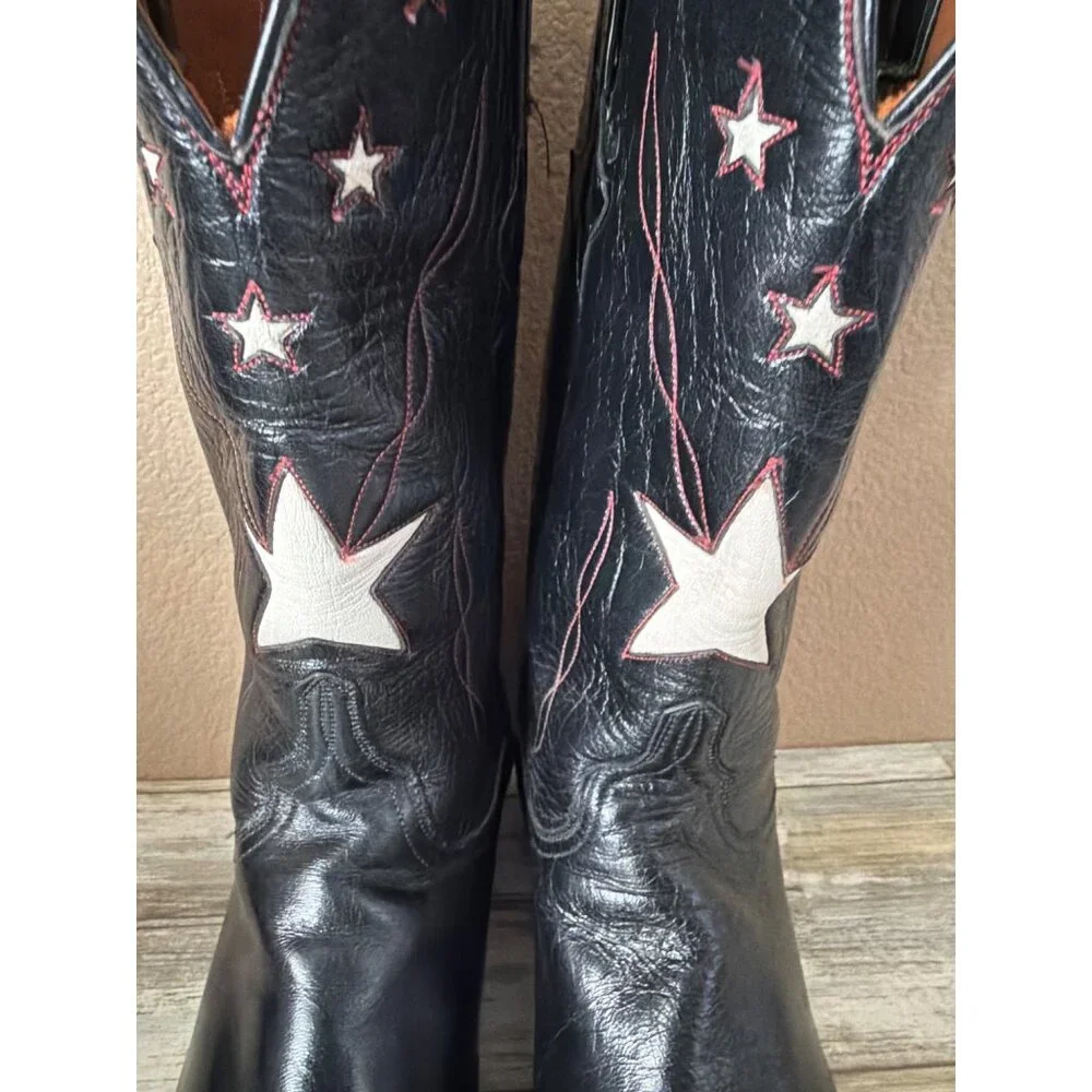 Lucchese Classics Star Inlay Cowboy Boots Black Leather USA Vintage 10.5 w/FLAW - Picture 2 of 16